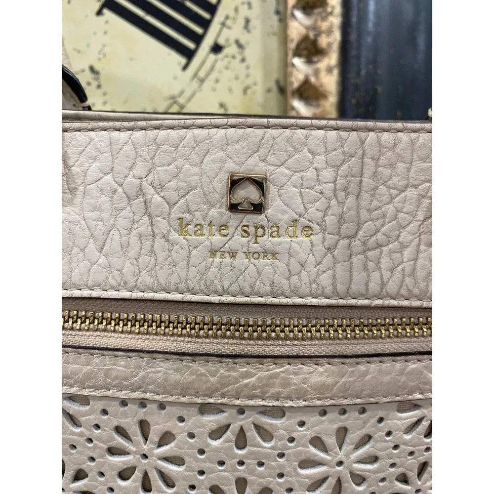 Kate Spade Perri Lane Bag Cream Pebbled Leather Floral Cutout Satchel Crossbody
